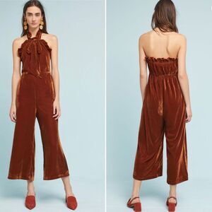 Anthropologie Kristinit New Velvet Halter Jumpsuit Golden Brown Wide Leg Size XS